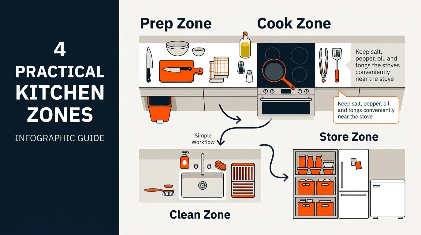 Organized kitchen showing separate prep, cooking, cleaning, and storage zones for efficient meal preparation
