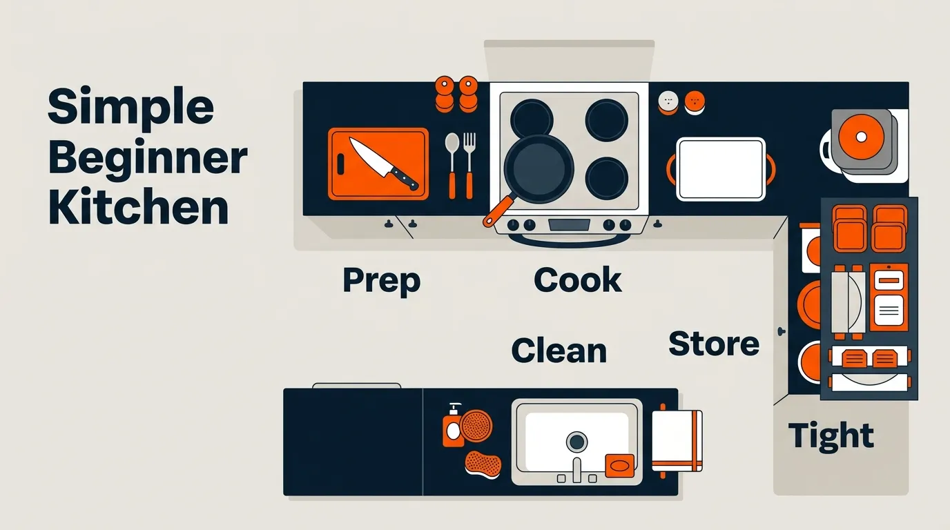 Beginner kitchen organized into prep, cook, clean, and storage zones for efficient everyday cooking