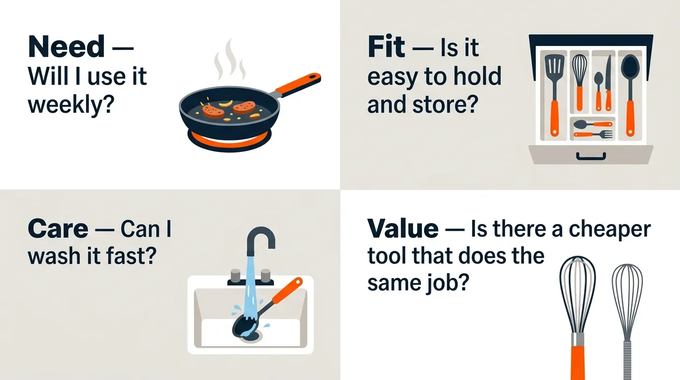 Kitchen tools arranged to illustrate practical questions about weekly use, storage, cleaning, and value