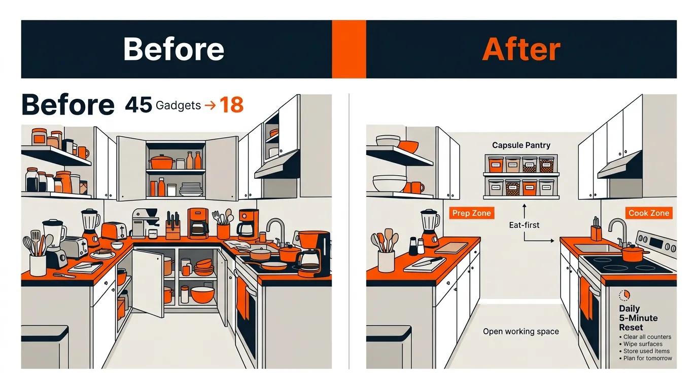 Before and after comparison of a small galley kitchen transformed with fewer gadgets, organized zones, and clearer storage