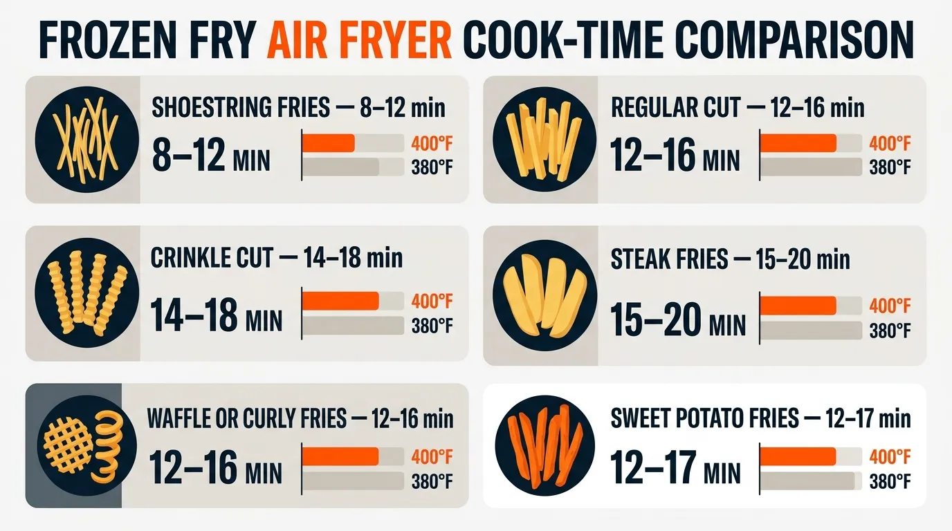 Cook time comparison for shoestring, regular, crinkle, steak, waffle, curly, and sweet potato fries in an air fryer