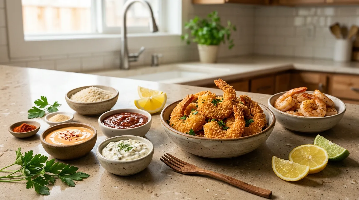 Crispy air-fried shrimp served with colorful seasonings, panko breading, and dipping sauces