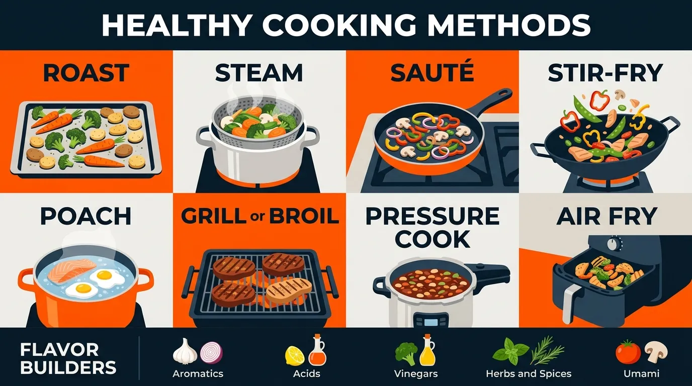 Healthy cooking methods shown with roasting vegetables, steaming, sautéing, poaching, and air frying in a modern kitchen