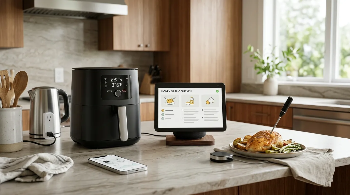 Smart kitchen display, thermometer, smart plug, air fryer, and connected multi-cooker arranged for everyday cooking