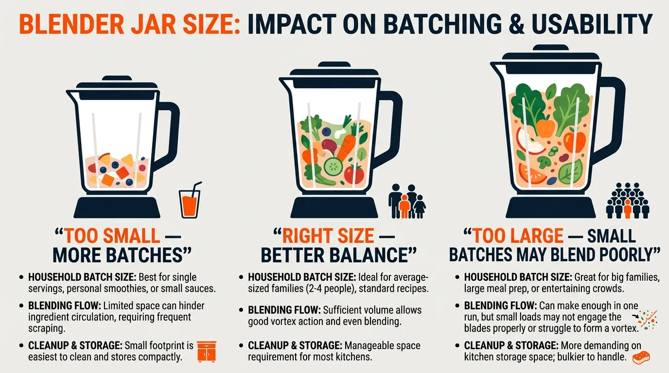 Different blender jar sizes shown with family-sized and small blending portions for comparison