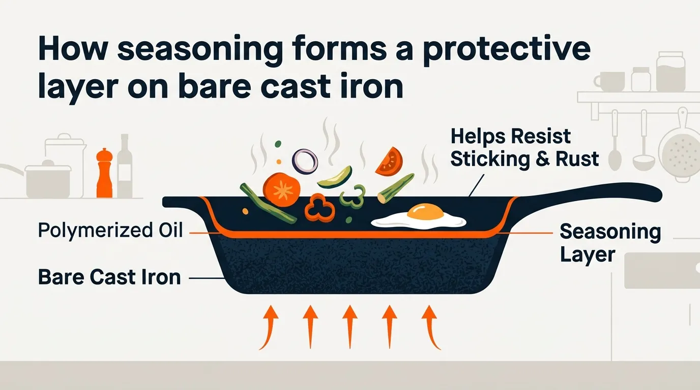 Cutaway-style editorial illustration showing a thin polymerized oil seasoning layer protecting bare cast iron