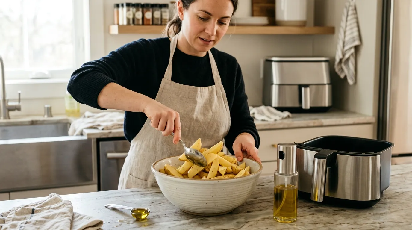 Cook tossing dry potatoes with a small amount of oil before placing them in an air fryer basket