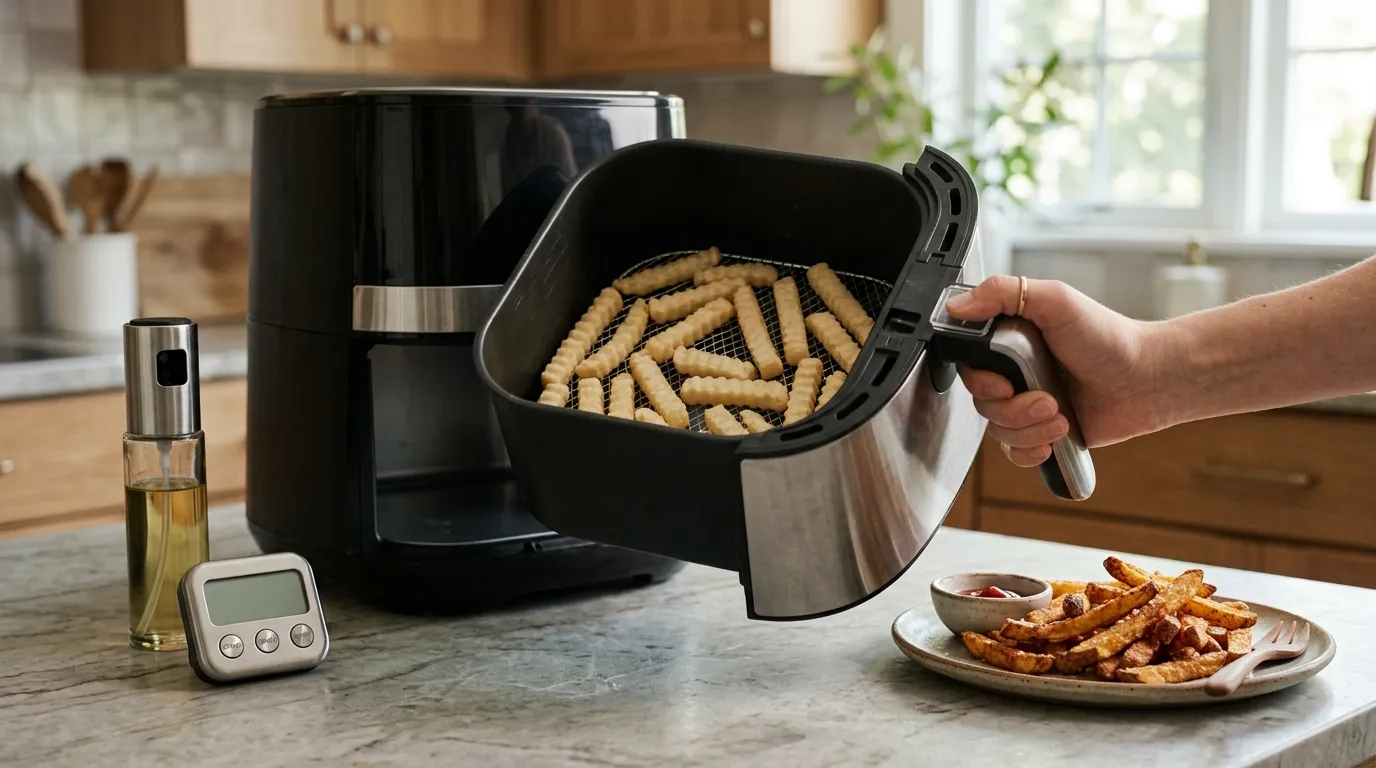 Frozen fries spread loosely in an air fryer basket for crisping with a final high-heat finish