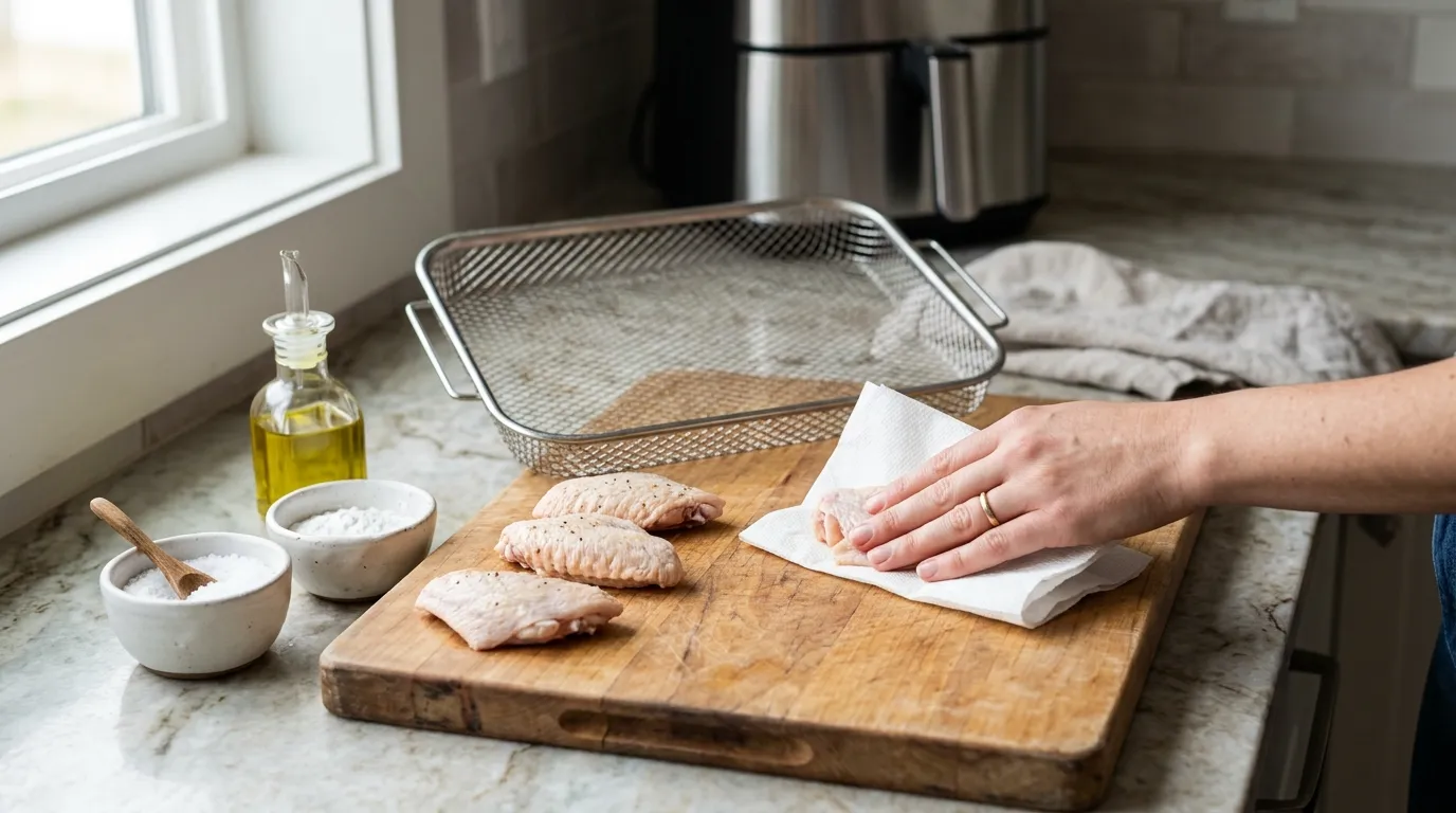 Chicken wings being patted dry, seasoned, lightly coated, and arranged in a single layer before air frying