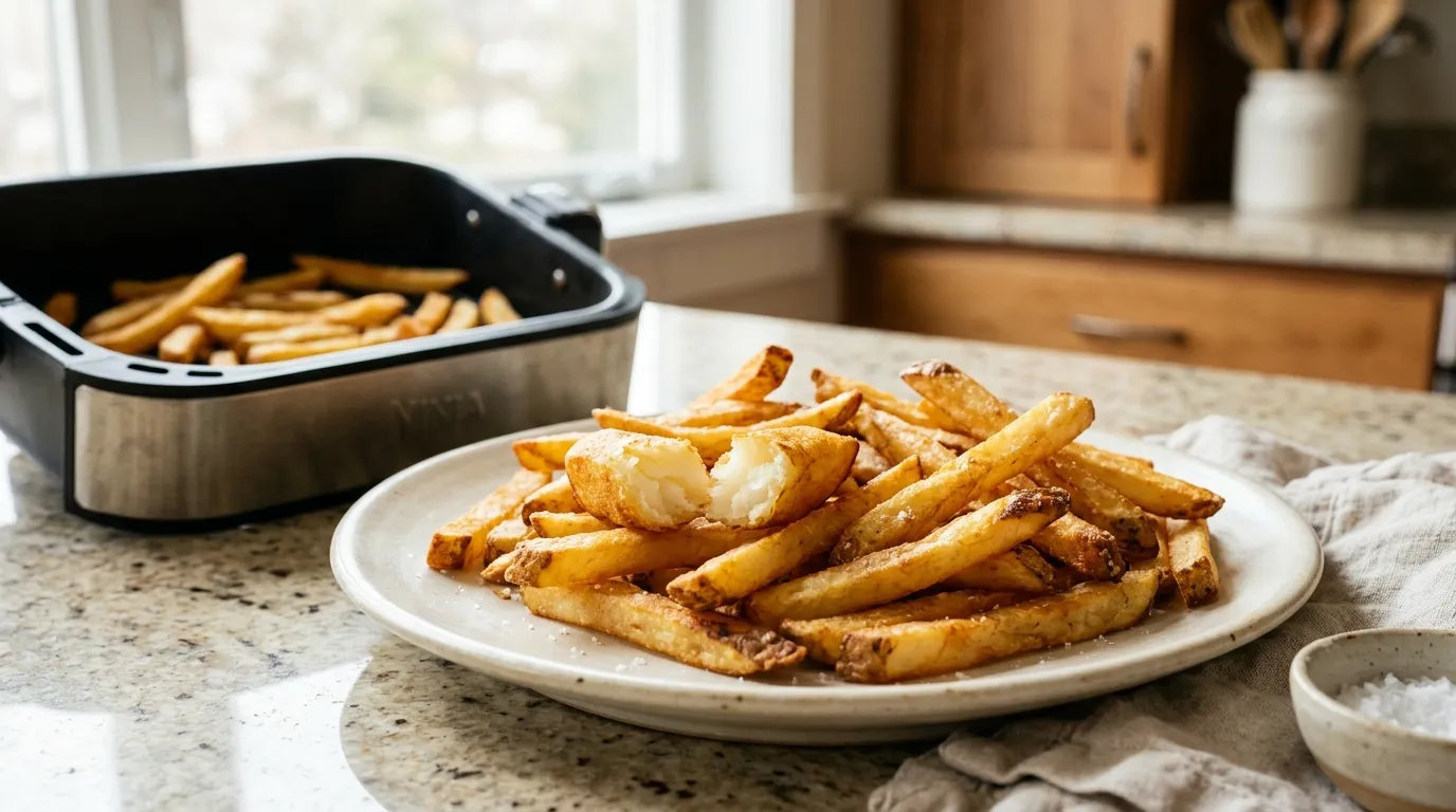 Golden air fryer fries checked for crisp edges and fluffy centers before serving