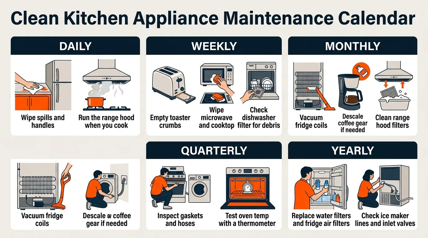 Kitchen appliance maintenance calendar organized by daily, weekly, monthly, quarterly, and yearly care tasks