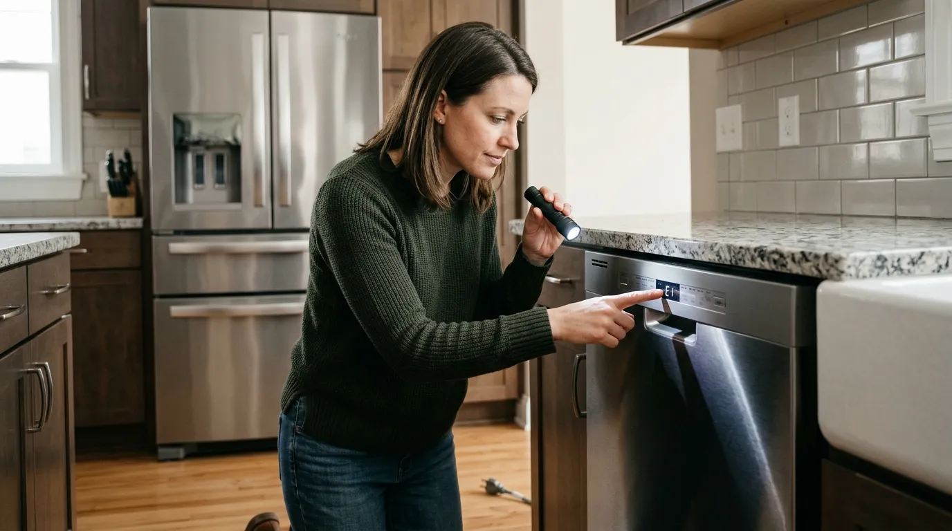 Homeowner checking a kitchen appliance for an error code while preparing to call a professional for a serious fault