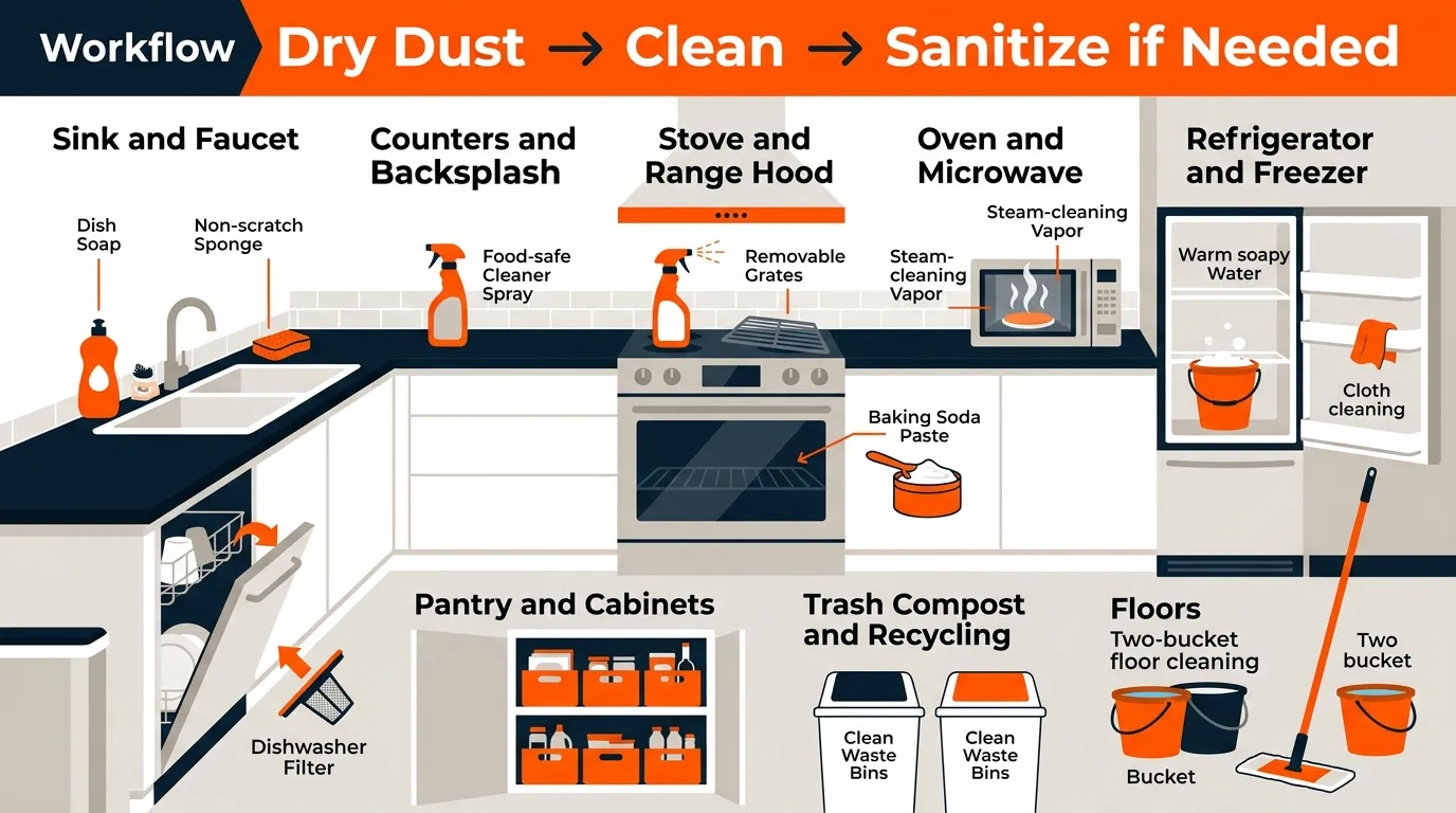 Organized kitchen cleaning zones showing sink, counters, stove, oven, refrigerator, dishwasher, pantry, trash area, and floor