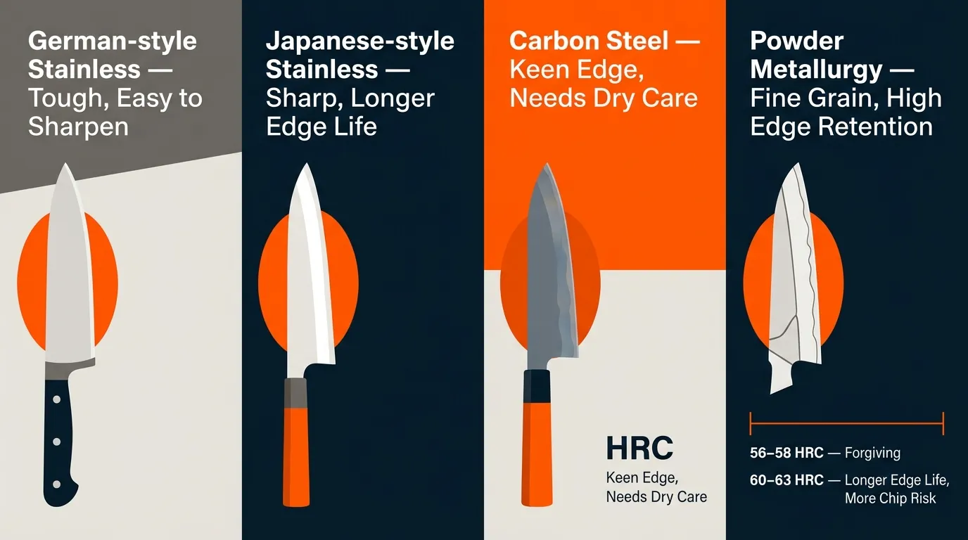 Kitchen knife steel comparison showing German stainless, Japanese stainless, carbon steel, and powder metallurgy characteristics