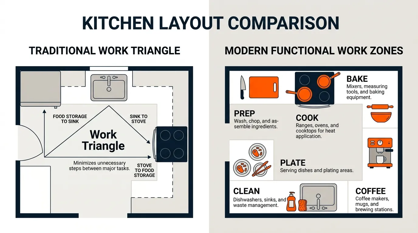 Kitchen layout showing the sink, stove, and refrigerator alongside organized prep, cooking, and cleaning zones