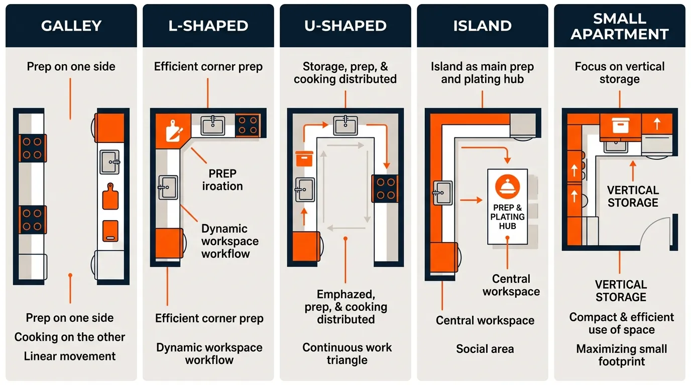 Comparison of galley, L-shaped, U-shaped, island, and small apartment kitchen workflow layouts