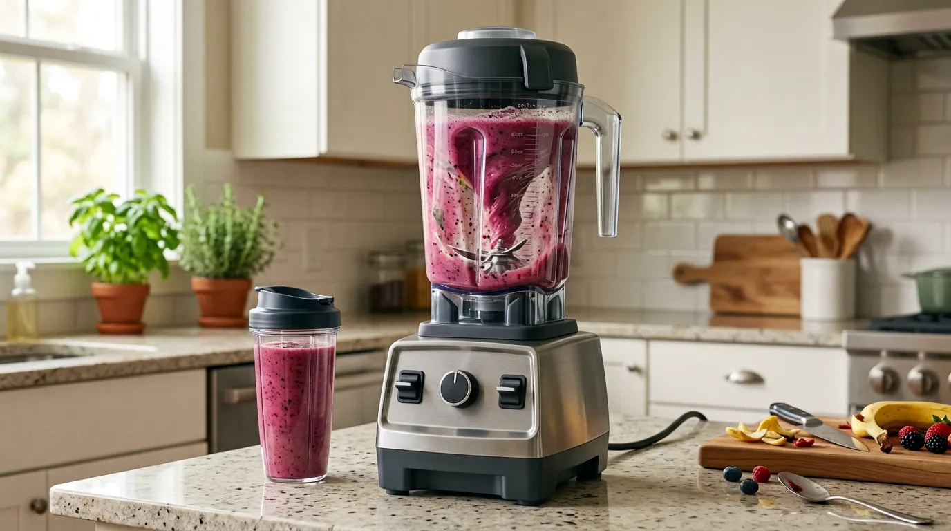 Large blender jar paired with a powerful motor base for blending thick family-sized mixtures