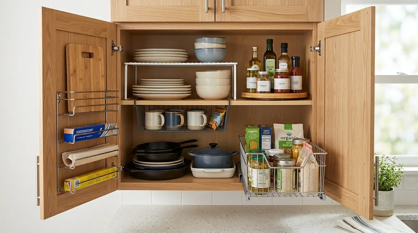 Small kitchen cabinet using shelf risers, pull-out baskets, a turntable, and an undershelf basket to maximize space