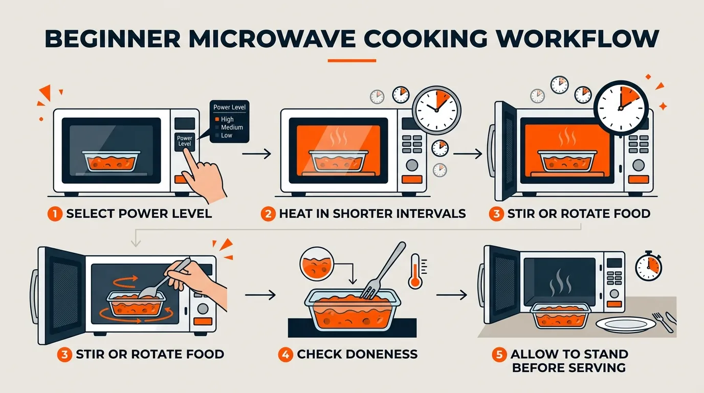 Microwave cooking workflow showing lower power longer heating and checking food between intervals