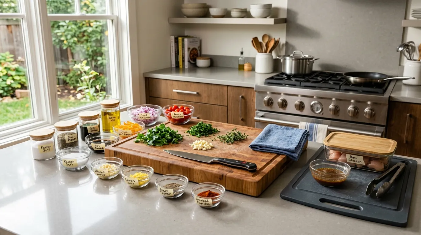 Organized mise en place station with pre-portioned ingredients, labeled containers, cutting boards, and prep tools