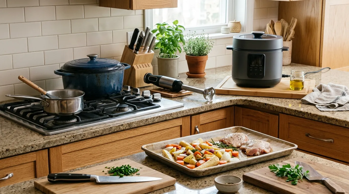 Compact kitchen featuring a Dutch oven, stick blender, multi-cooker, and half-sheet pan as space-saving tools