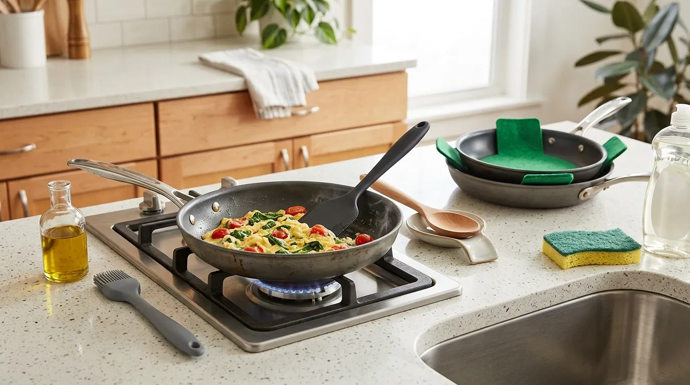 Nonstick cookware safety checklist represented by a well-maintained pan, safe utensils, stable heat, and proper storage