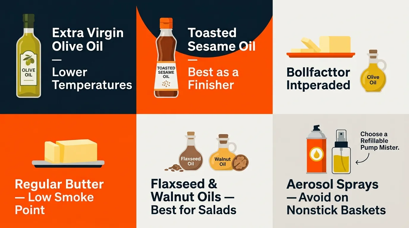 Butter, toasted sesame oil, extra virgin olive oil, delicate oils, and refillable oil mister shown beside an air fryer
