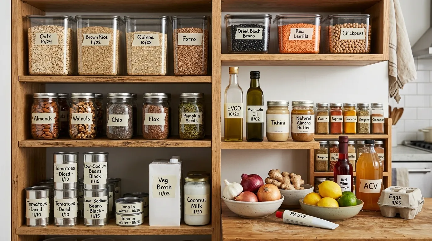 Organized pantry with whole grains, beans, nuts, seeds, olive oil, spices, canned foods, and labeled storage bins
