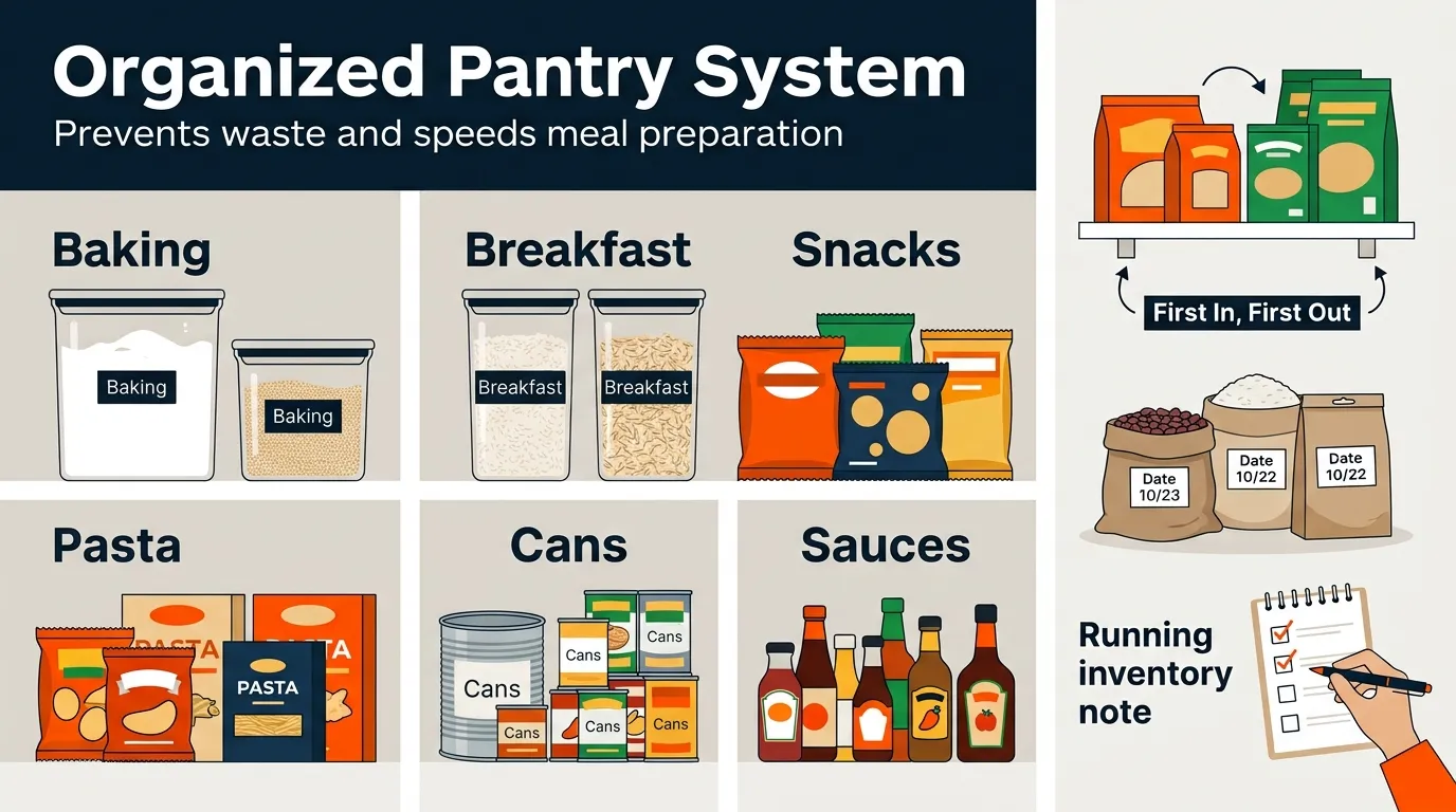 Organized pantry with grouped dry goods, clear storage containers, older foods placed in front, and efficient shelf arrangement