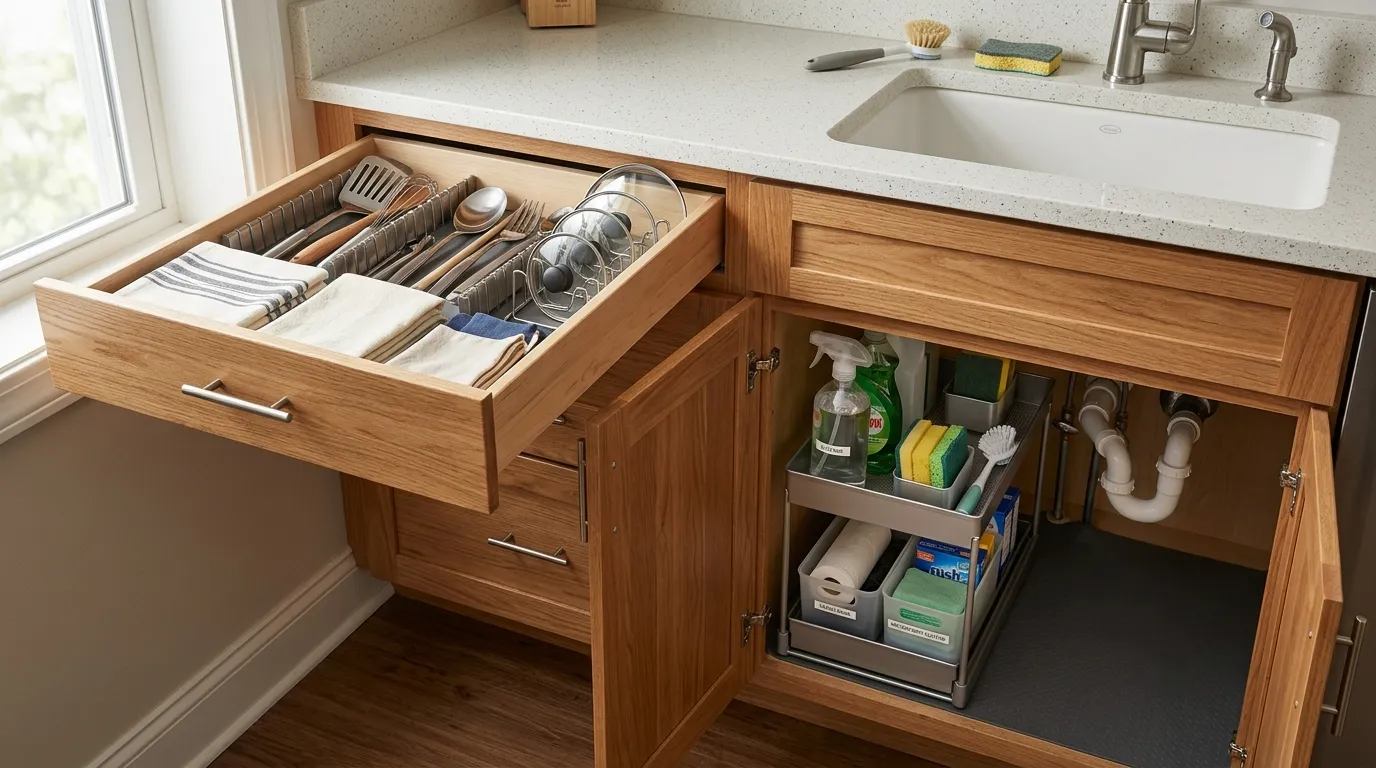 Apartment kitchen drawer with utensil dividers and upright pot lids beside an organized under-sink storage area