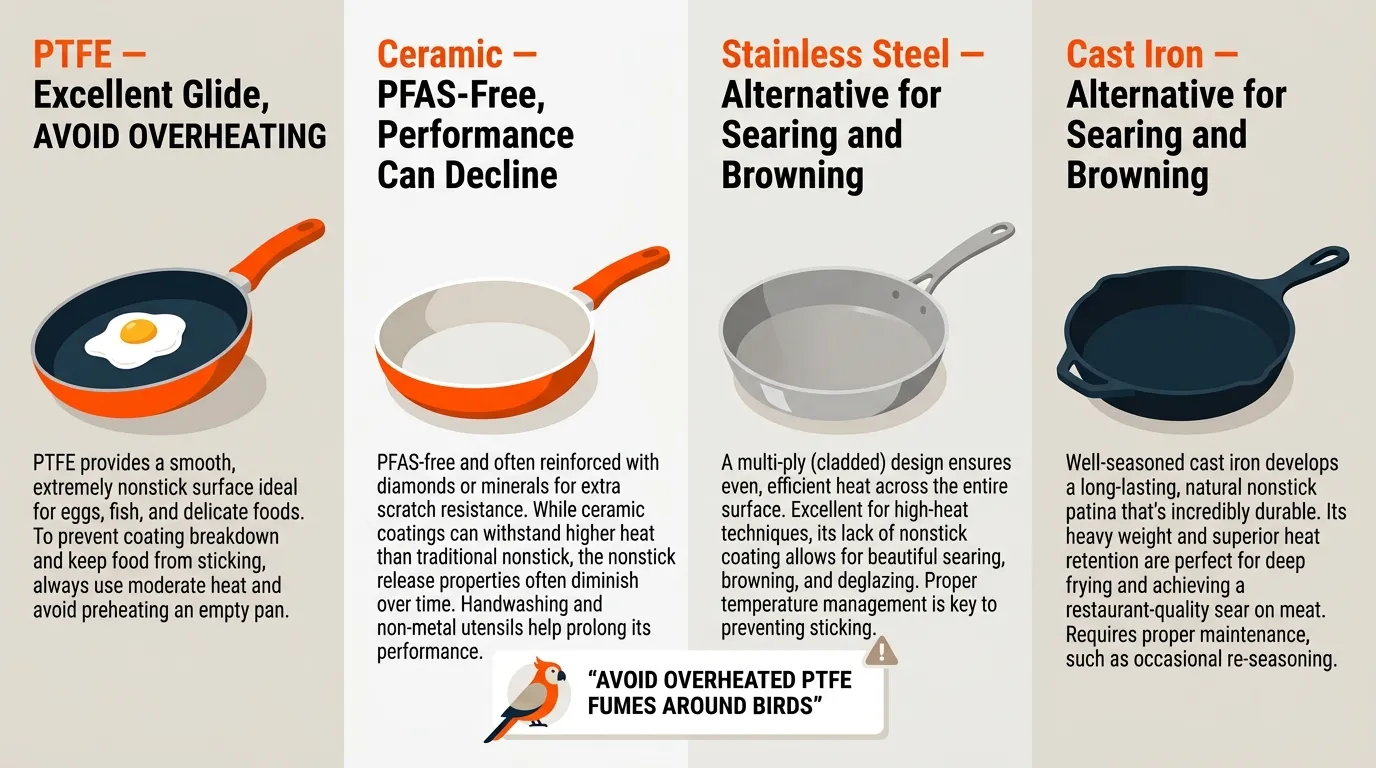 Comparison of PTFE, ceramic, stainless steel, and cast iron cookware for different cooking and safety needs