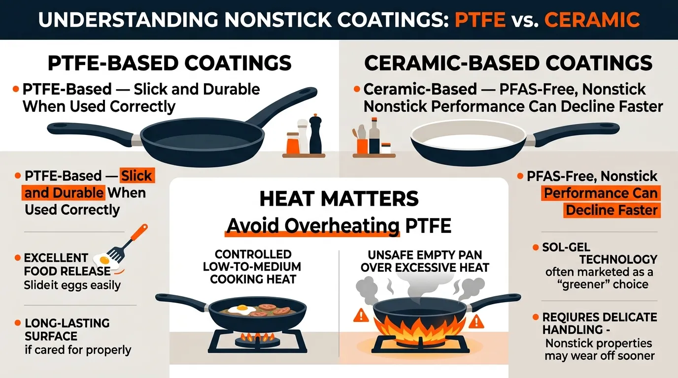 Editorial comparison of PTFE and ceramic nonstick cookware showing safe heating and coating care principles