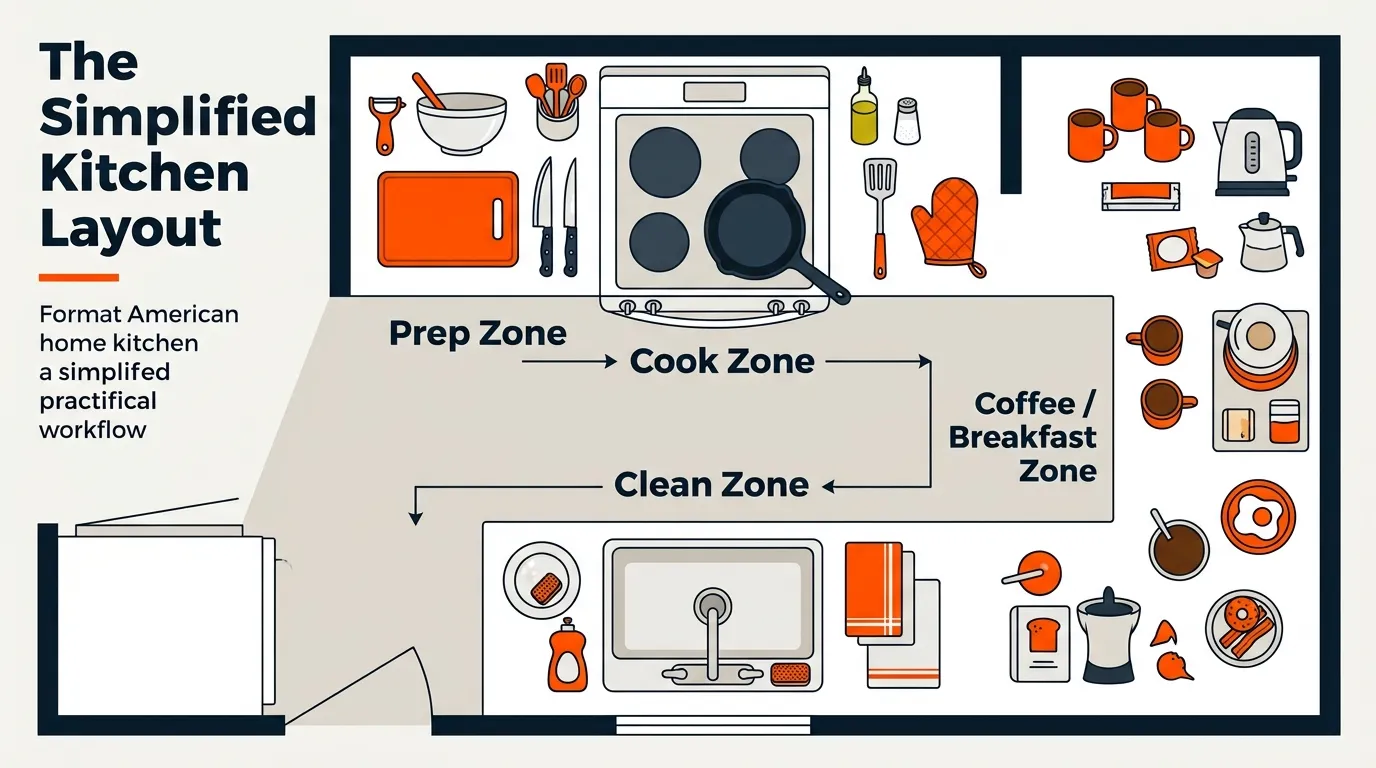 Kitchen counter arranged into practical prep, cooking, cleaning, and breakfast zones for efficient daily use