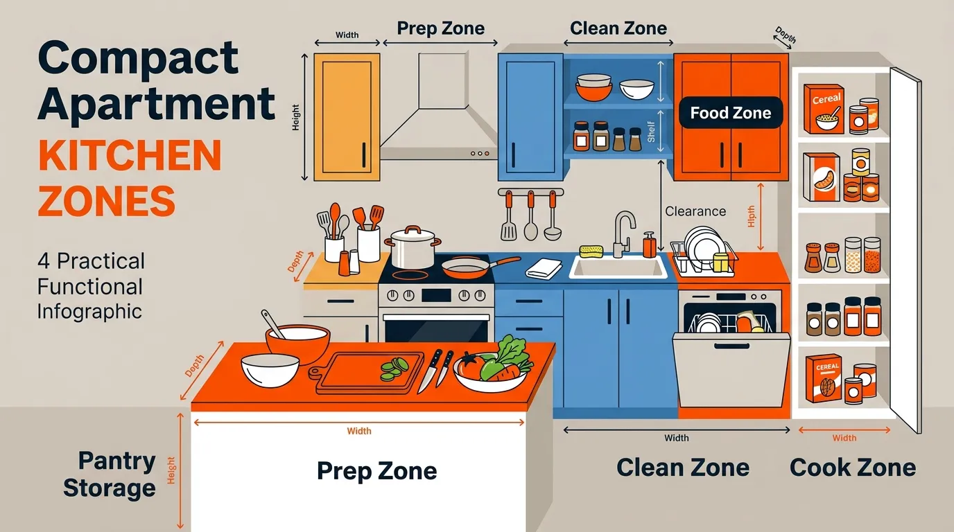 Small apartment kitchen organized into separate prep, cooking, cleaning, and food storage zones