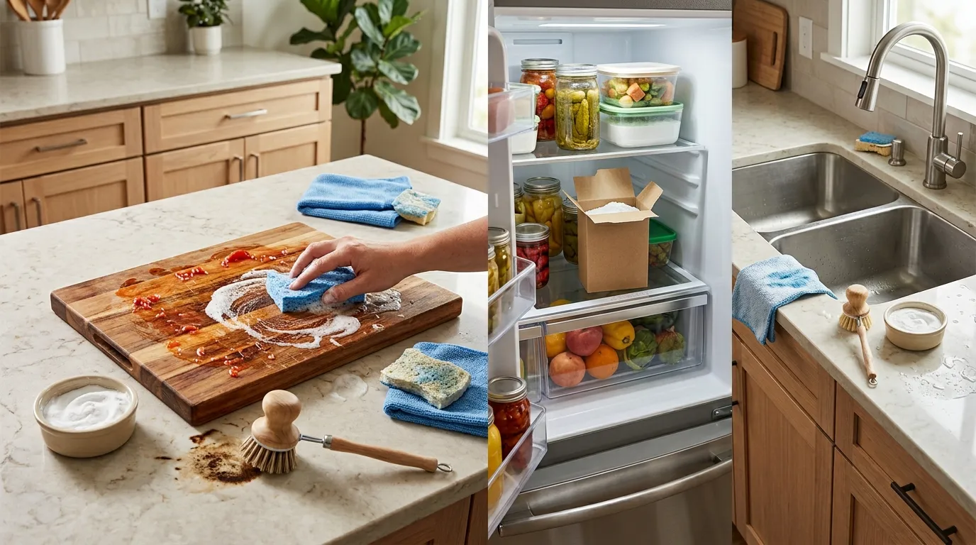 Kitchen cleaning setup for removing food stains and odors with baking soda, dish soap, and clean surfacesKitchen cleaning setup for removing food stains and odors with baking soda, dish soap, and clean surfaces