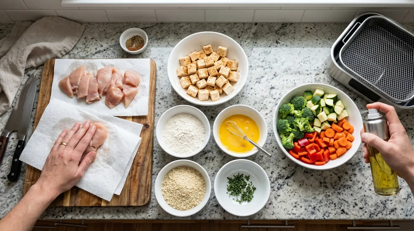 Evenly cut vegetables, dried chicken, light seasoning, cornstarch, breadcrumbs, and a pump oil mister prepared for air frying.