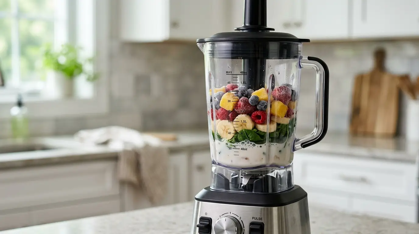 A blender jar loaded with liquid at the bottom, smaller frozen pieces on top, and an approved tamper ready for short pulse blending.
