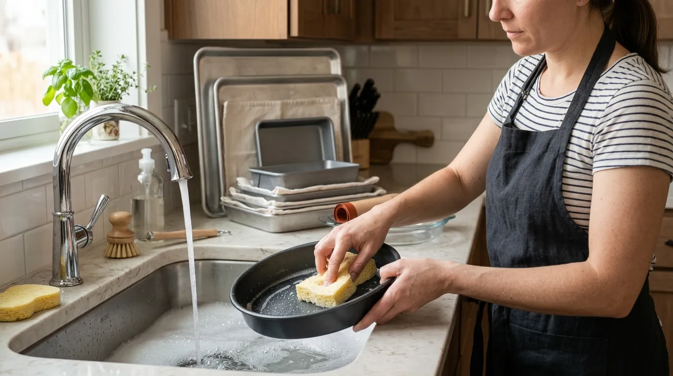 Clean bakeware being hand washed and stored with protective separators to prevent scratches and damage