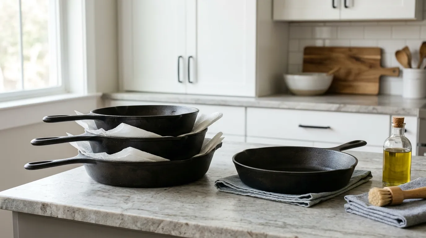 Dry lightly oiled cast iron pans stored with airflow and paper towels between stacked cookware