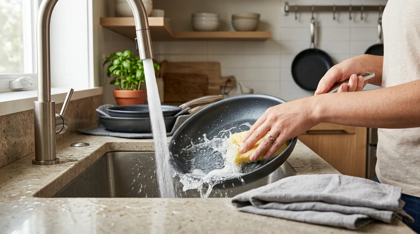 Nonstick frying pan being gently cleaned with a soft sponge and stored with a protective layer between pans