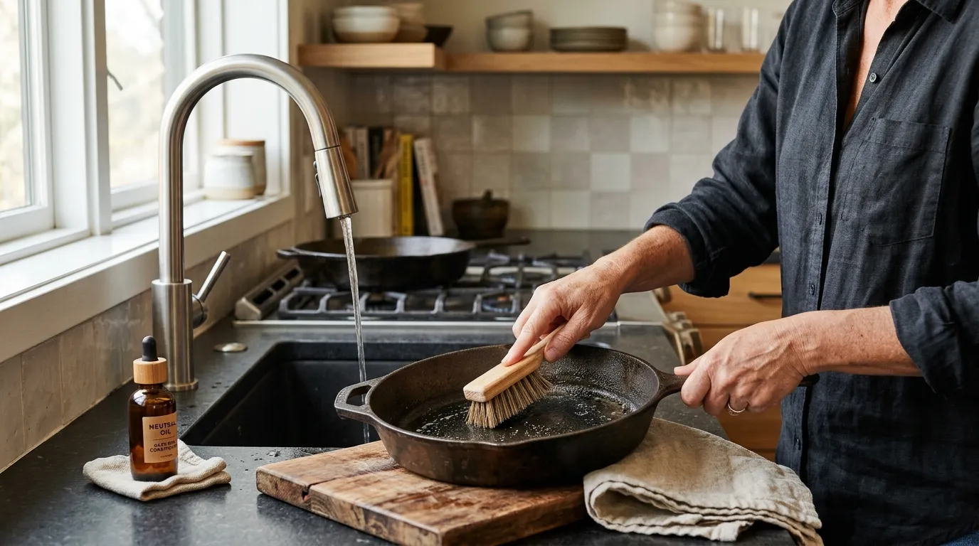 Warm cast iron skillet being gently scrubbed, dried on a burner, and lightly oiled after cleaning
