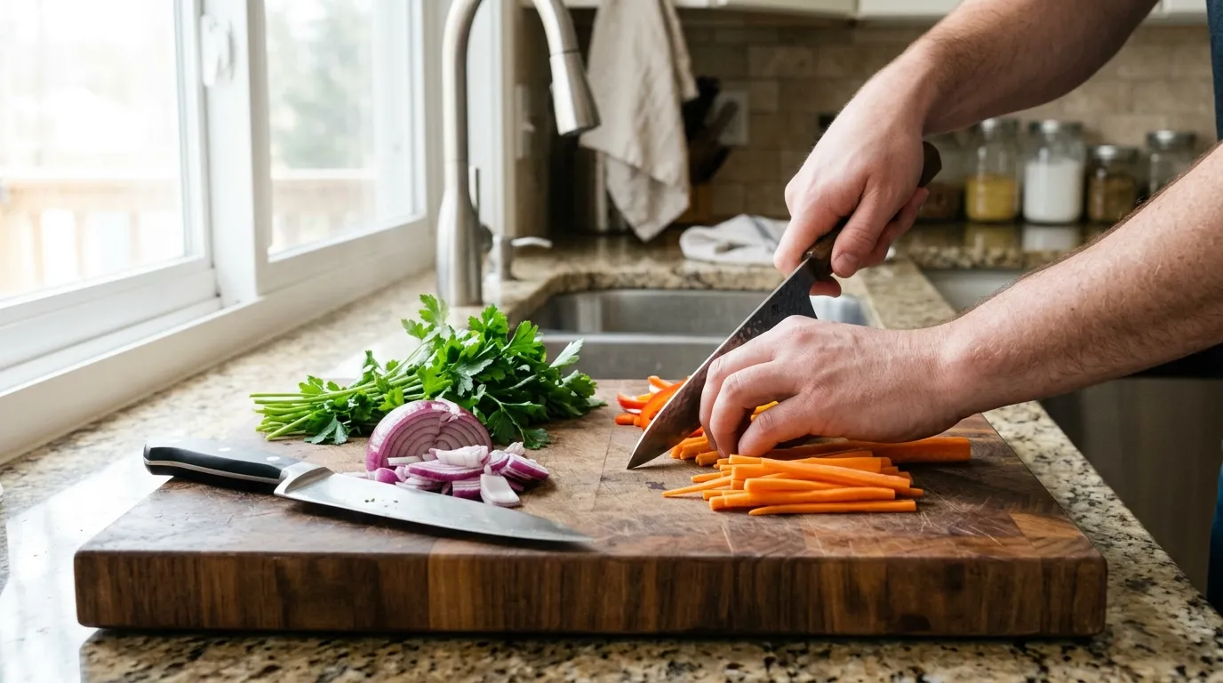 Kitchen knife being sharpened on a whetstone beside a clean wooden cutting board and safe storage solution