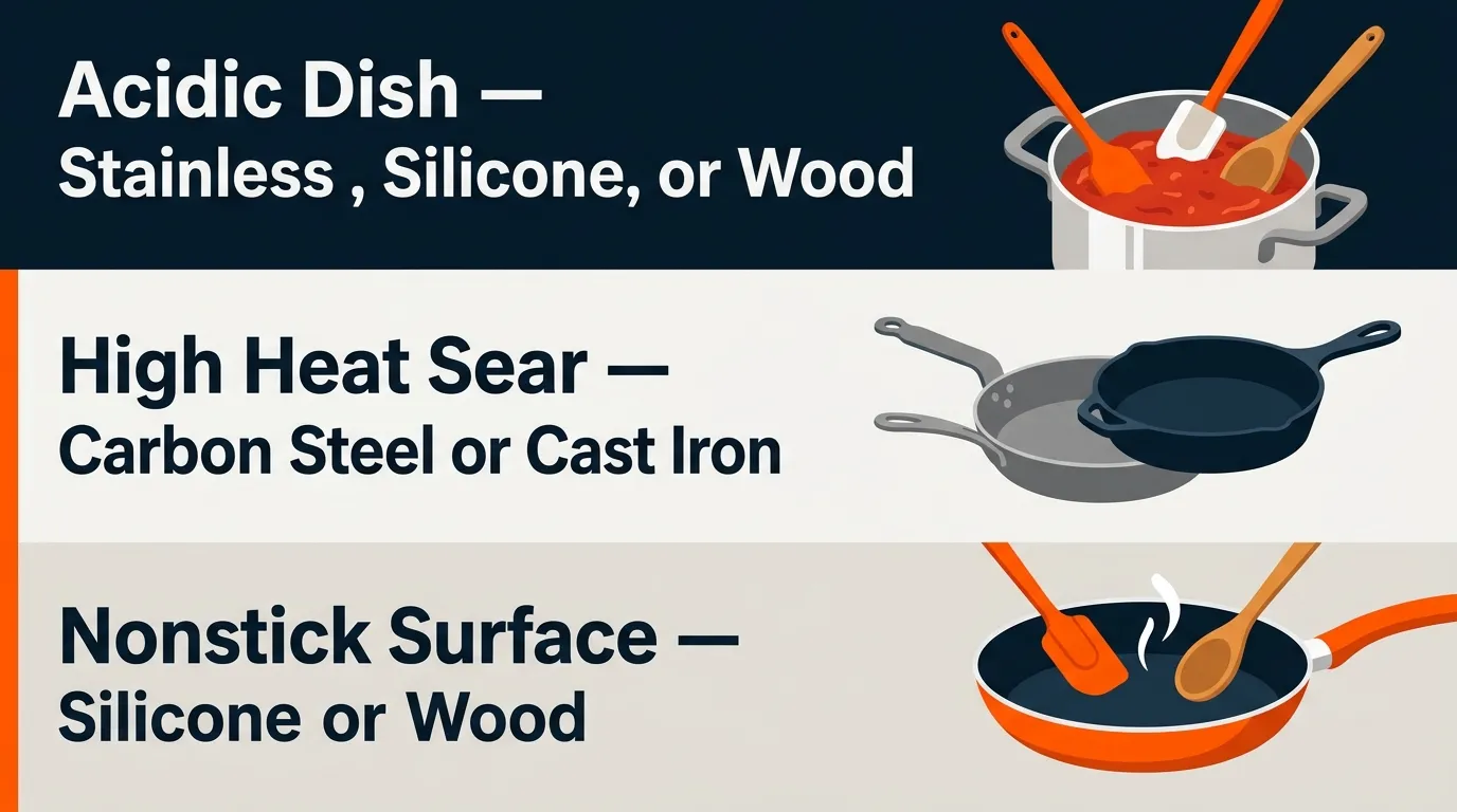 Kitchen utensils matched with acidic foods, high-heat cookware, and nonstick surfaces according to material compatibility