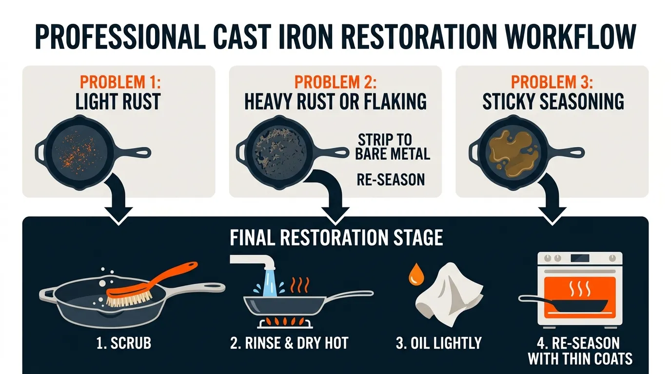 Cast iron restoration process showing rust removal, cleaning, drying, and thin re-seasoning