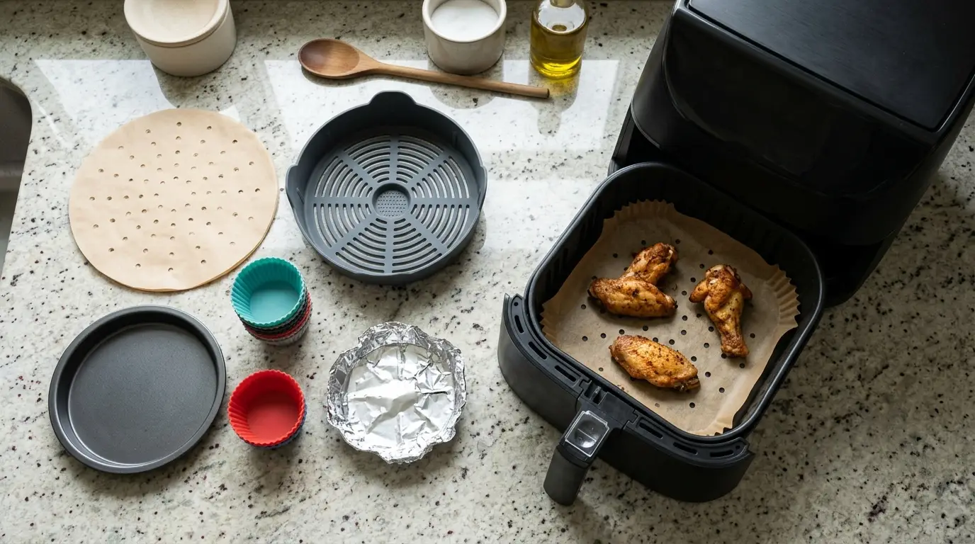 Perforated parchment, vented silicone liner, metal baking pan, and silicone cups arranged beside an air fryer basket without blocking airflow.