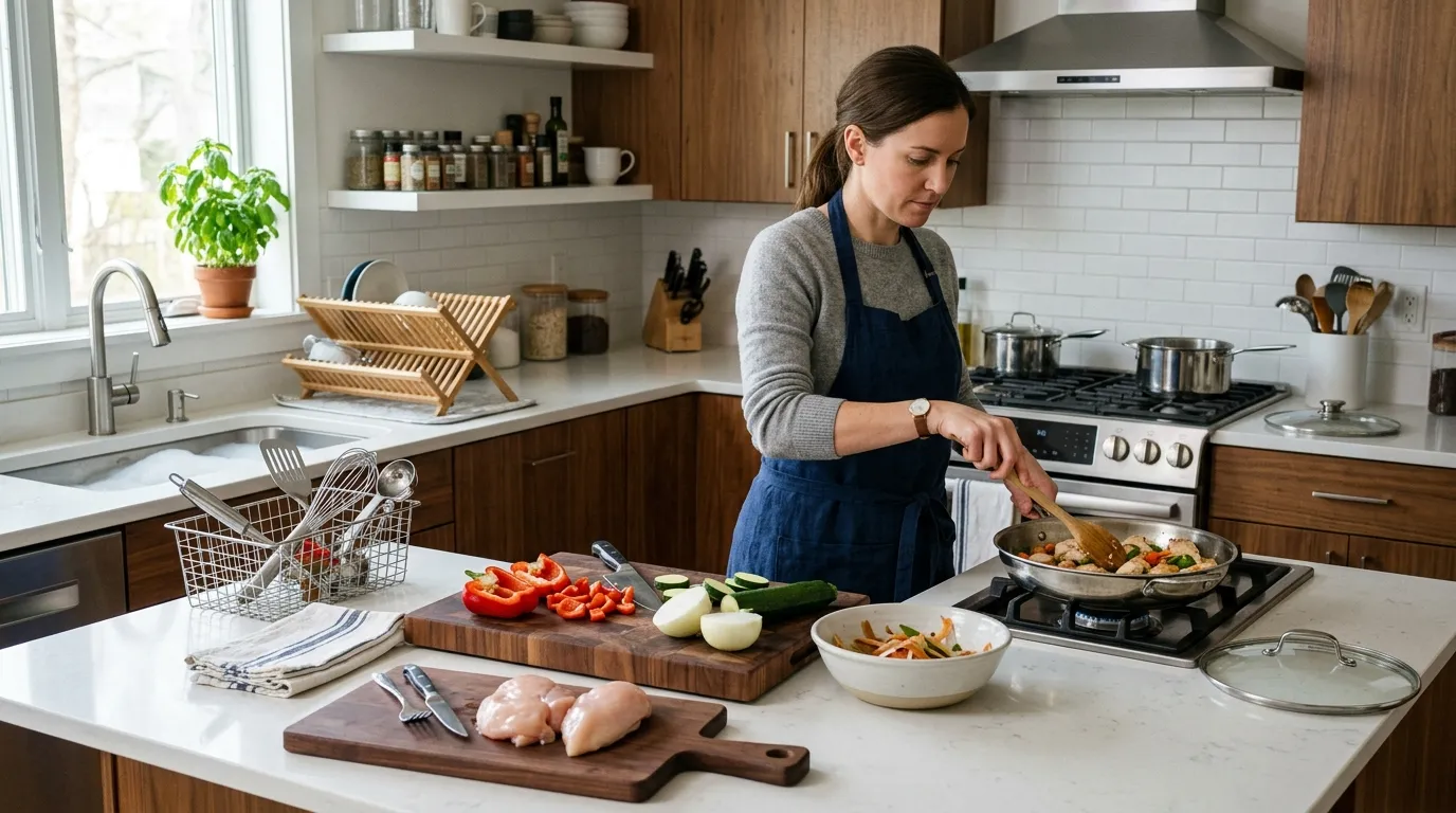 Home cook cleaning tools while cooking with separate raw food preparation and safe kitchen practices