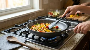 Nonstick pan cooking over moderate heat with silicone utensils and a small amount of cooking oil