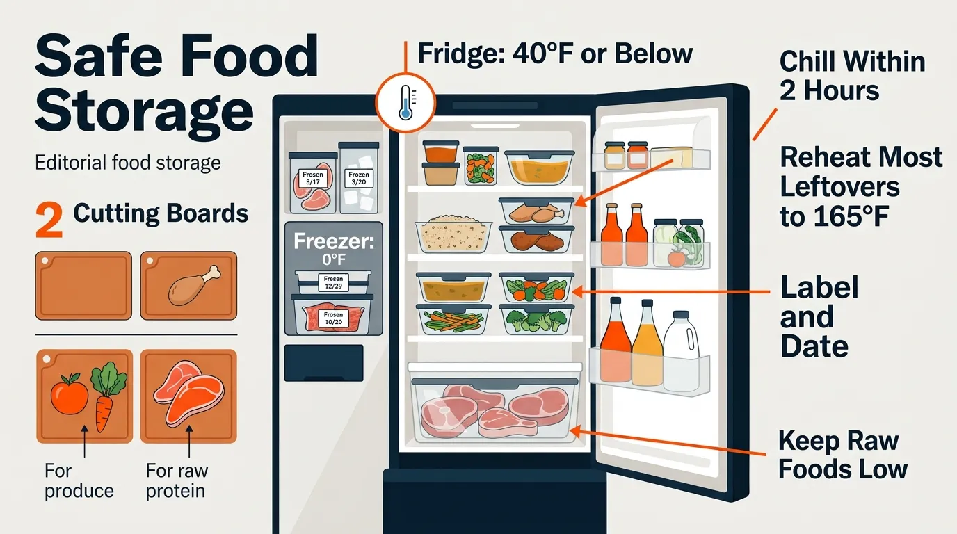 Prepared food stored in labeled shallow containers with separate raw protein storage and organized refrigerator shelves