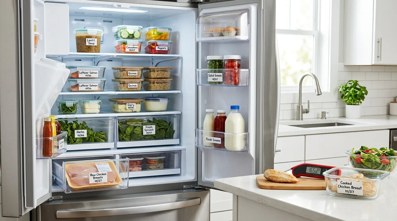 Organized refrigerator with labeled food containers, raw meat stored separately, and a digital food thermometer for safe food handling