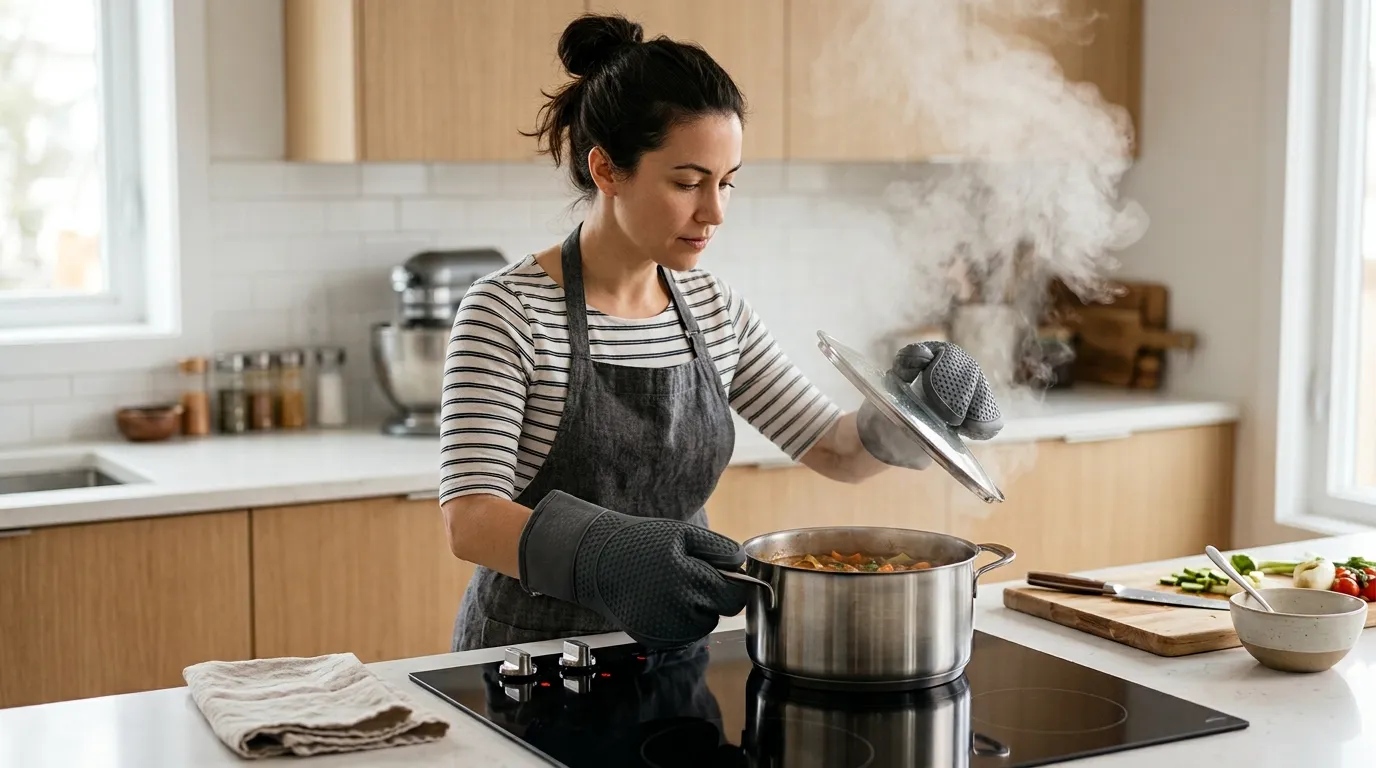 Cook safely lifting a hot pot lid away from the body while using dry oven mitts in a modern kitchen